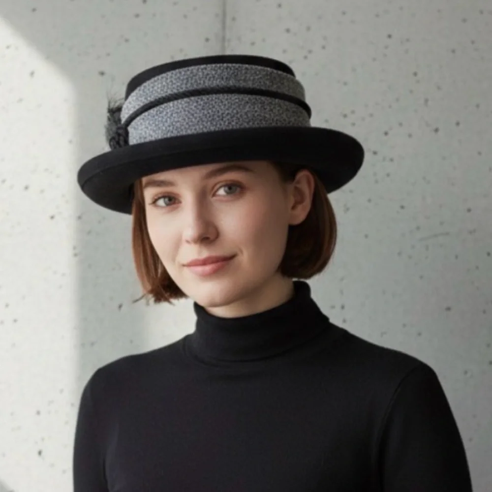 Mr. D vintage Stylish Black and Gray Hat with Feather Accent
